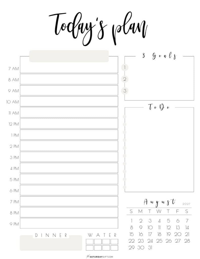 8 Today's Plan of Action Daily Planner August 2027 Sunday-start Beige by SaturdayGift