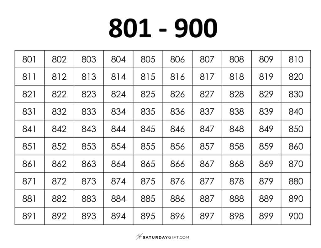 801-900 Chart - Thousands chart worksheets PDF Landscape | SaturdayGift