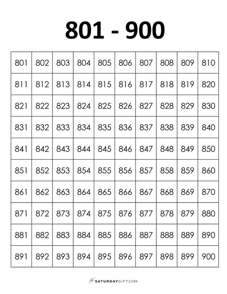 801-900 Chart - Thousands chart worksheets PDF Portrait | SaturdayGift