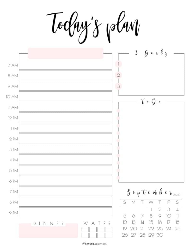 9 Today's Plan of Action Daily Planner September 2027 Sunday-start Pink by SaturdayGift