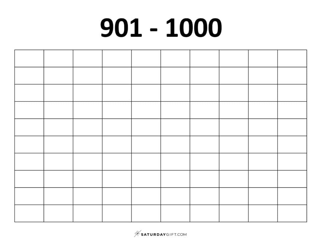 901-1000 Chart - Blank thousands chart worksheets PDF Landscape | SaturdayGift