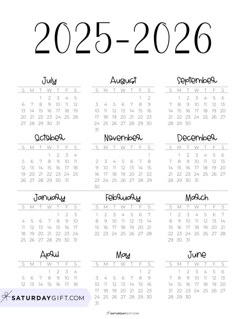 Academic Calendar 2025-2026 Free Simple Minimal School Year Calendar Printable - Vertical | SaturdayGift