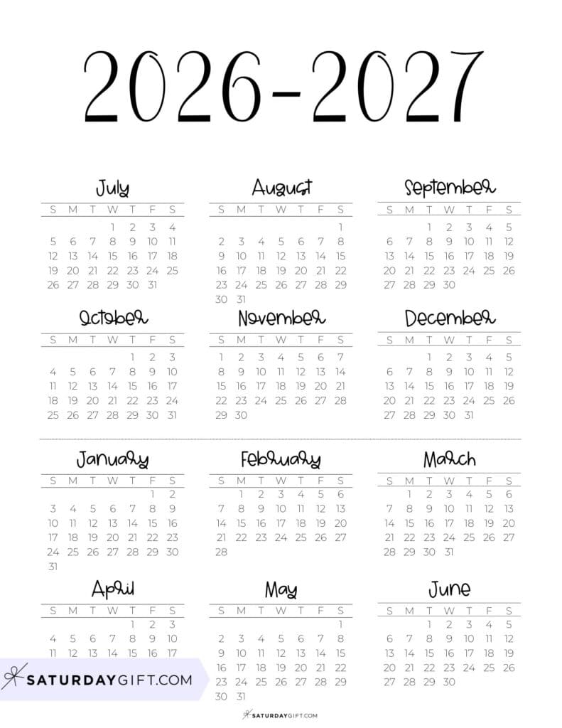 Academic Calendar 26 27 Free Simple Minimal School Year Calendar Printable - Vertical | SaturdayGift Black & White