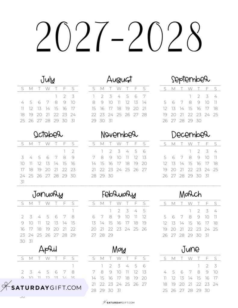 Academic Calendar 27 28 Free Simple Minimal School Year Calendar Printable - Vertical | SaturdayGift Black & White