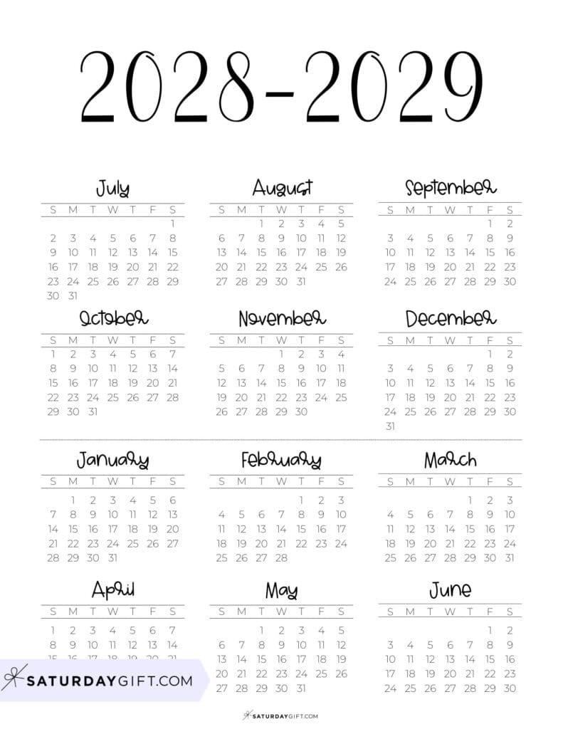 Academic Calendar 28 29 Free Simple Minimal School Year Calendar Printable - Vertical | SaturdayGift Black & White