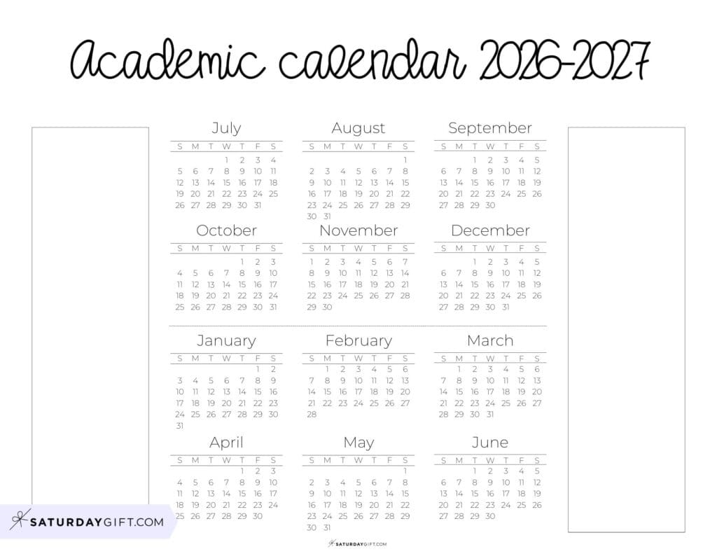 Academic Calendar Printable with Notes 2026 2027 Landscape Cute Template | SaturdayGift