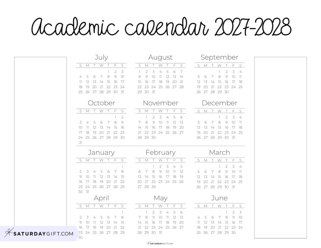 Academic Calendar Printable with Notes 2027 2028 Landscape Cute Template | SaturdayGift