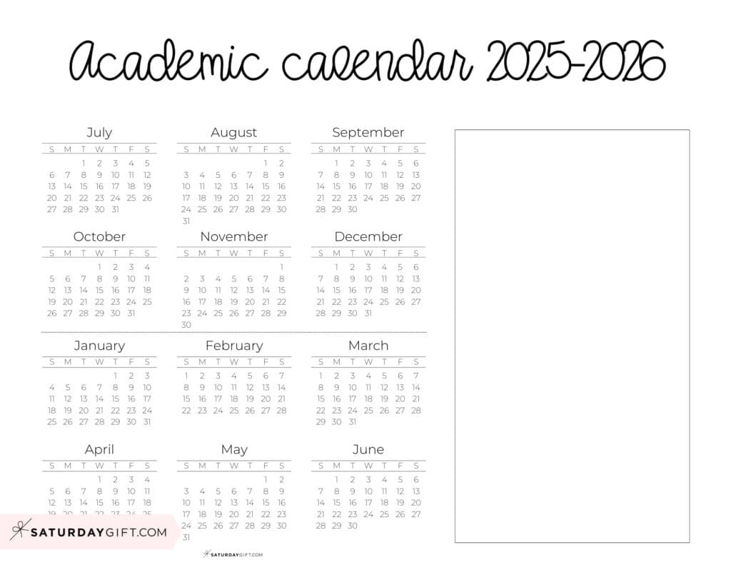 Academic Calendar Template with Notes 2025 2026 Landscape Free Printable | SaturdayGift