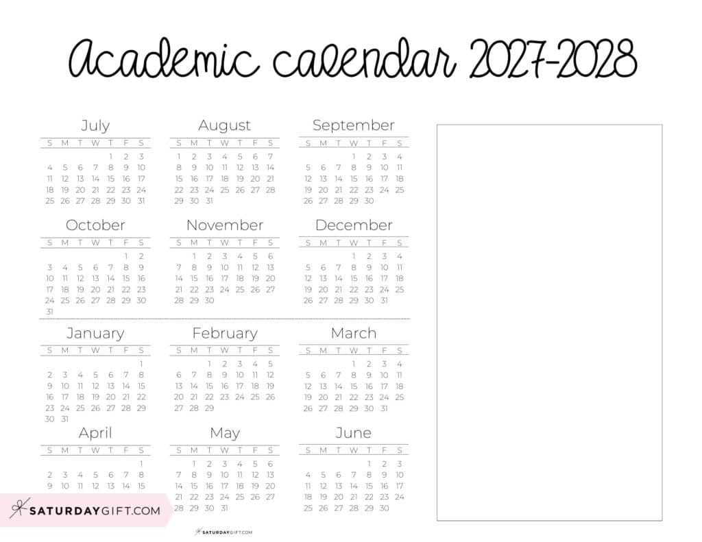 Academic Calendar Template with Notes 2027 2028 Landscape Free Printable | SaturdayGift