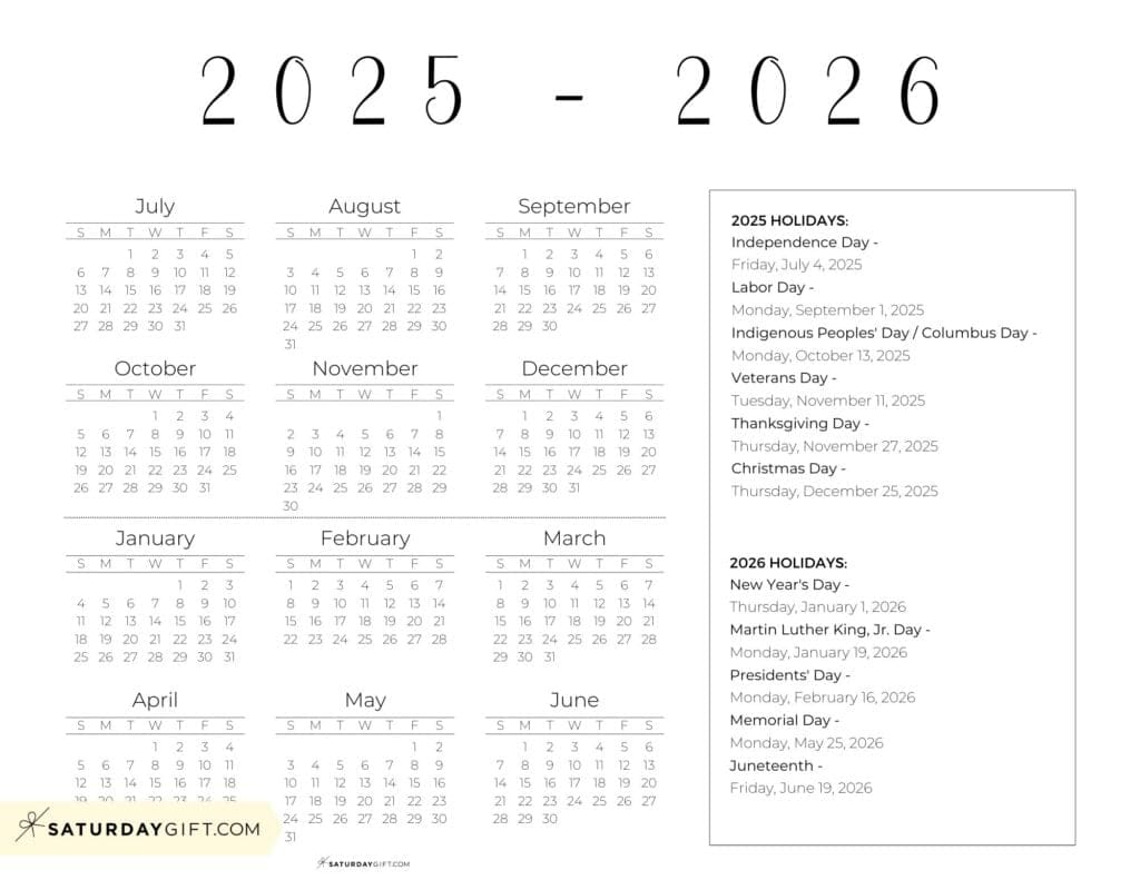 Academic Year 2025 2026 Calendar Printable with Holidays - Free Printable Horizontal | SaturdayGift