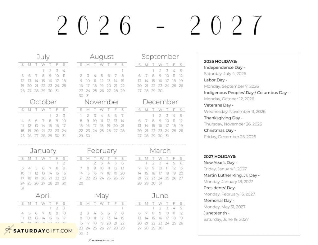 Academic Year 2026 2027 Calendar Printable with Holidays - Free Printable Horizontal | SaturdayGift