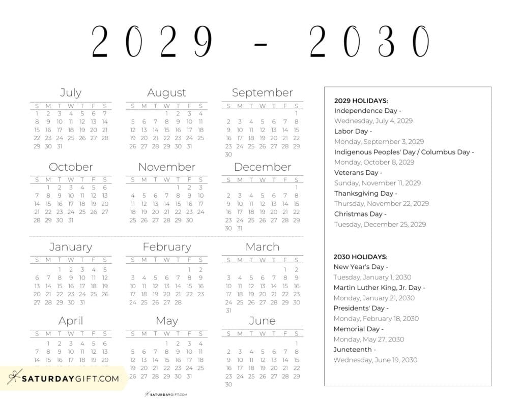 Academic Year 2029 2030 Calendar Printable with Holidays - Free Printable Horizontal | SaturdayGift