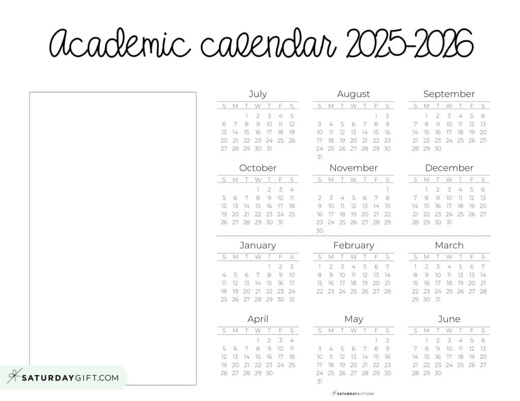 Academic Year Calendar Template with Notes 2025 2026 Landscape Free Printable | SaturdayGift