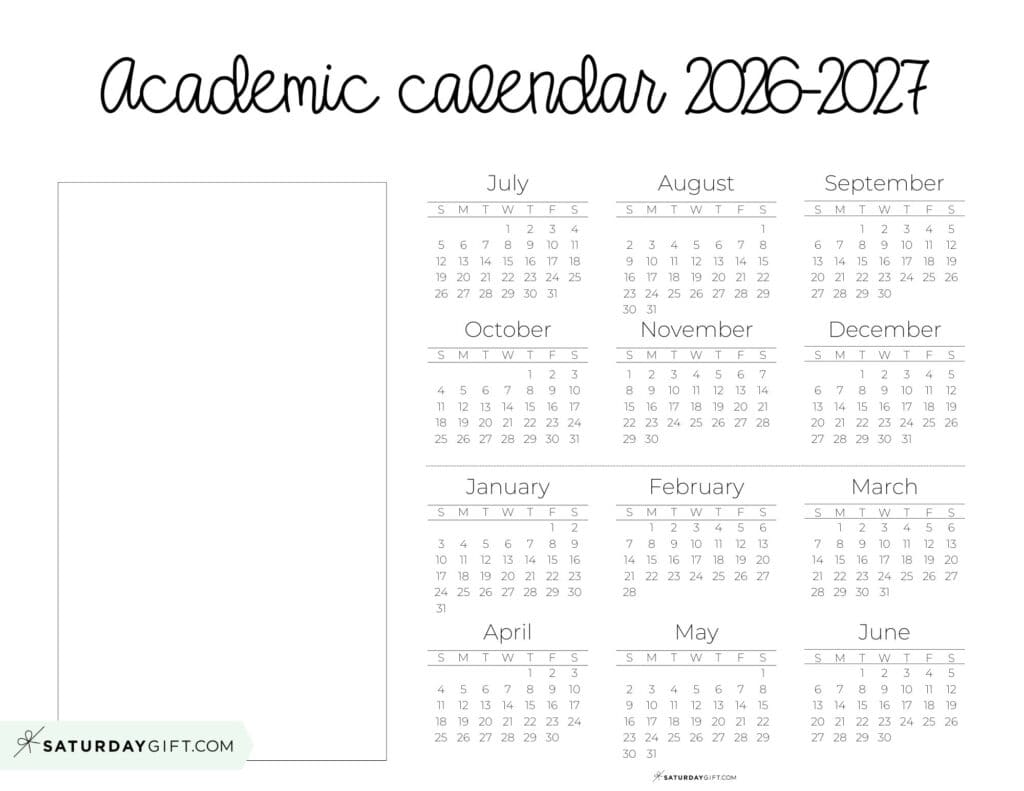 Academic Year Calendar Template with Notes 2026 2027 Landscape Free Printable | SaturdayGift