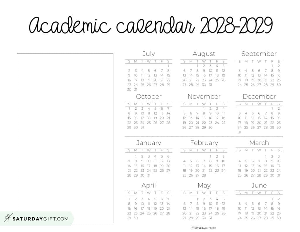 Academic Year Calendar Template with Notes 2028 2029 Landscape Free Printable | SaturdayGift