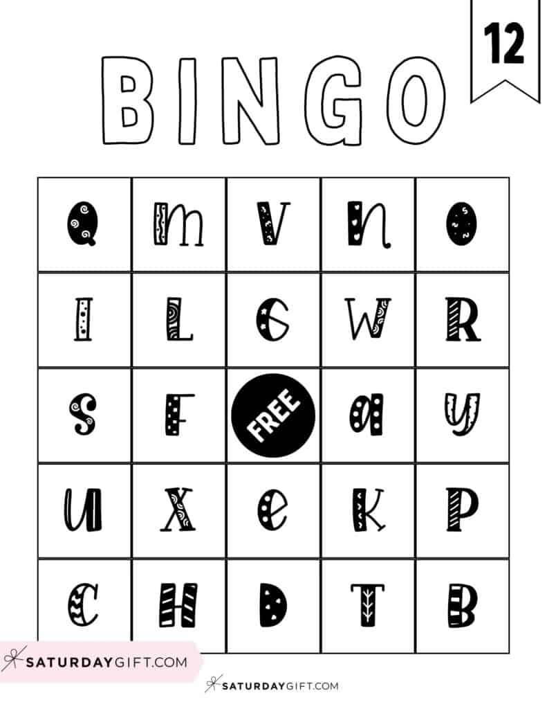 Alphabet bingo card number 12 - cute font black & white | SaturdayGift