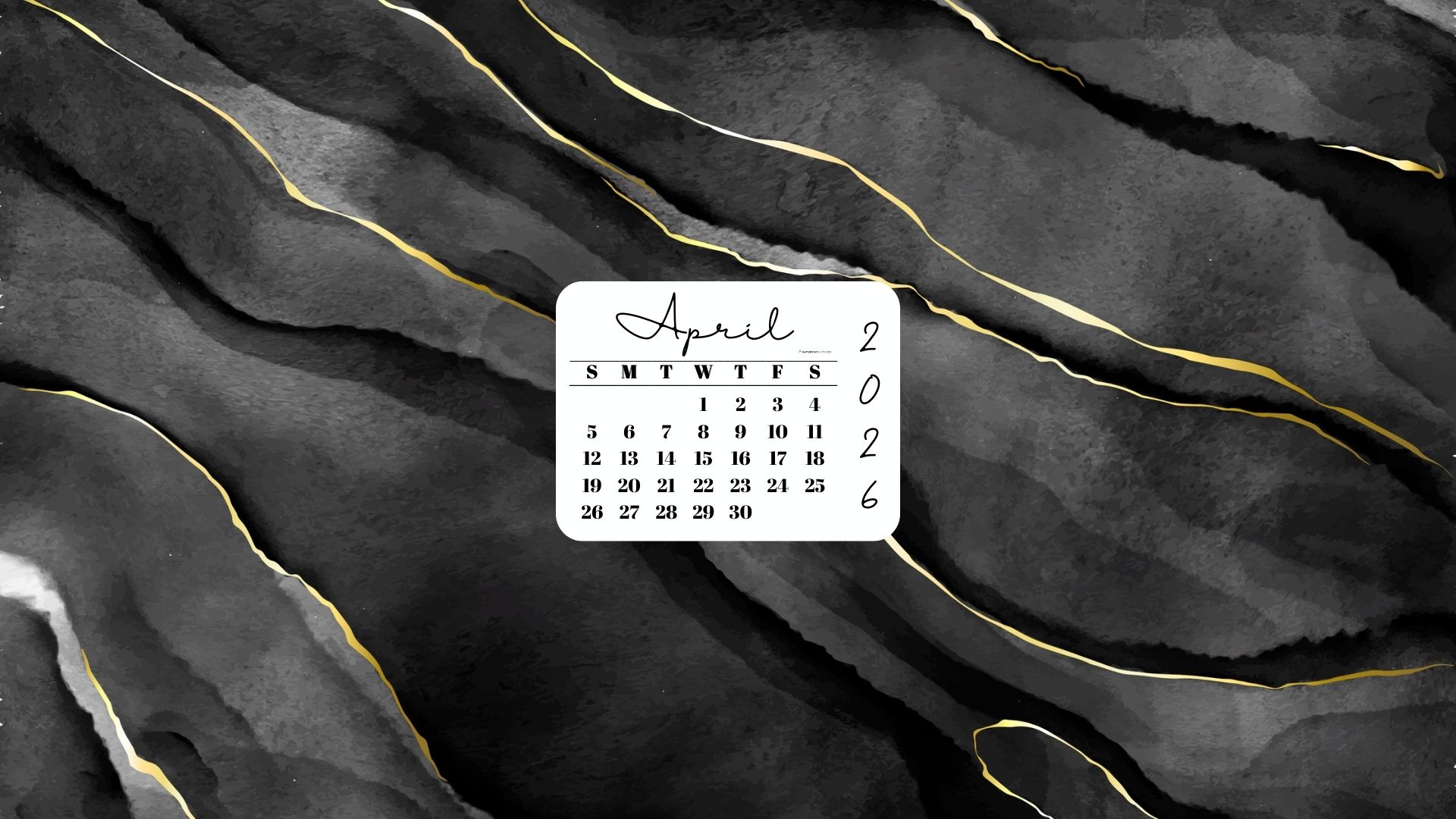 April 2026 Desktop Wallpaper Background - Black & Gold Watercolor | SaturdayGift