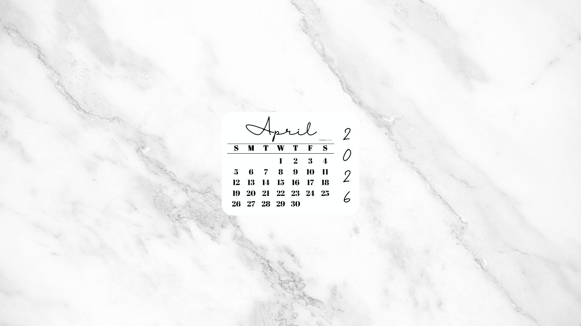 April 2026 Desktop Wallpaper Background - White Marble | SaturdayGift