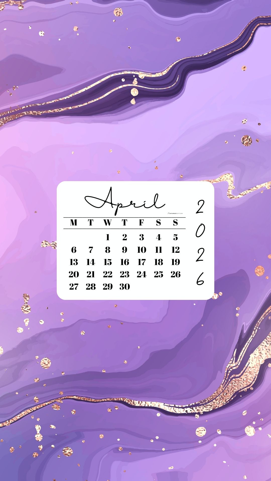 April 2026 Phone Wallpaper Background - Gold & Lilac | SaturdayGift