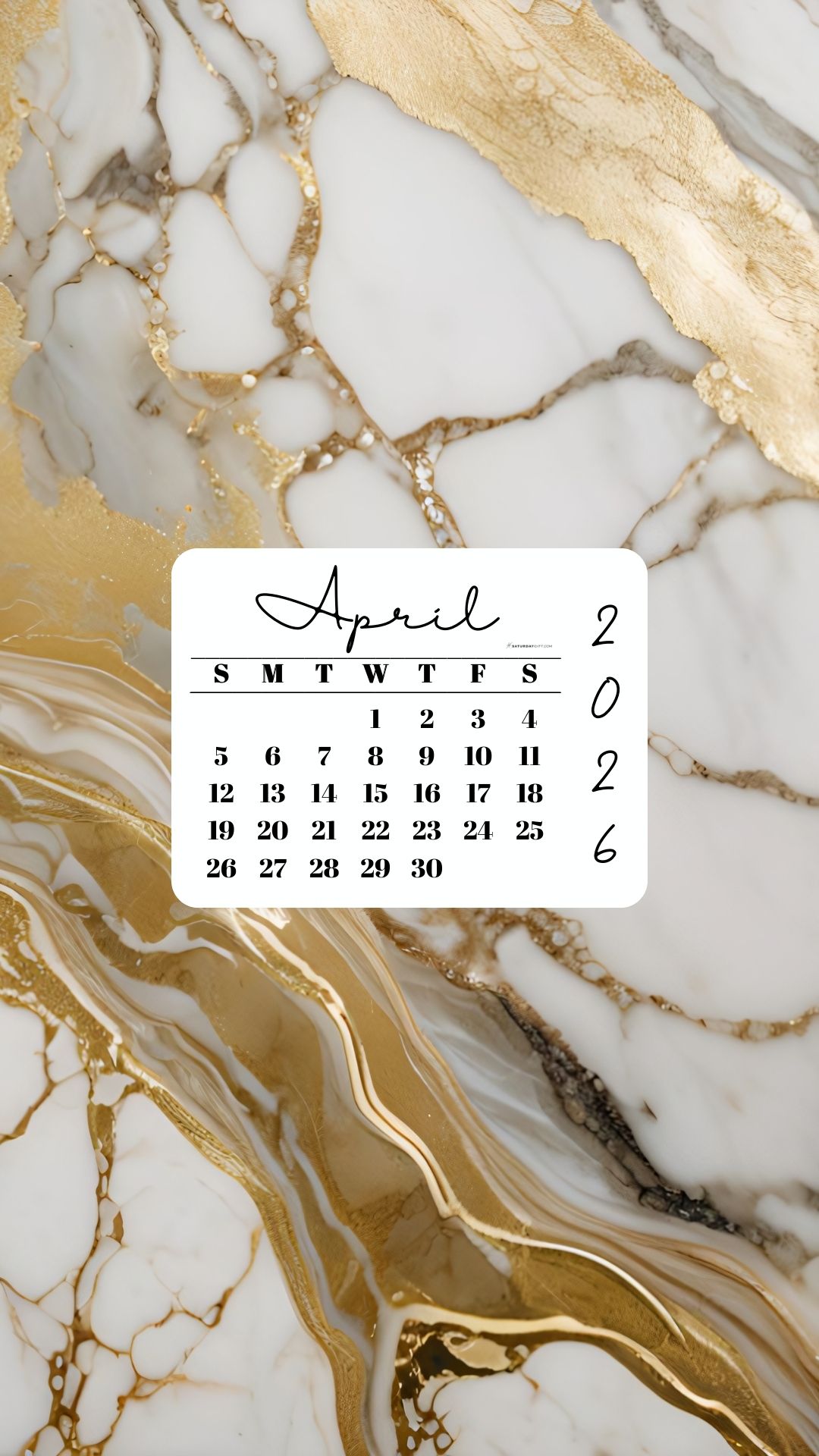 April 2026 Phone Wallpaper Background - Gold Marble | SaturdayGift