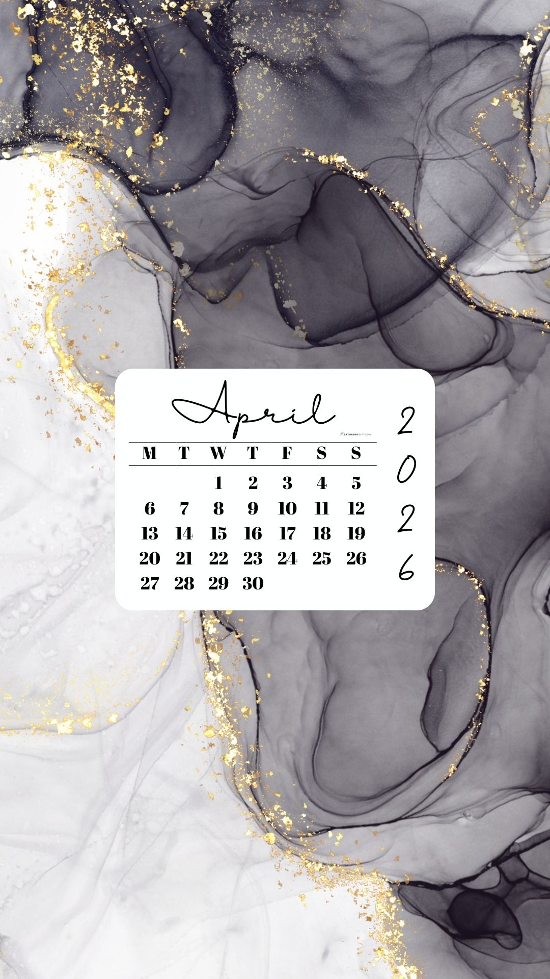 April 2026 Phone Wallpaper Background - Grey & Gold | SaturdayGift