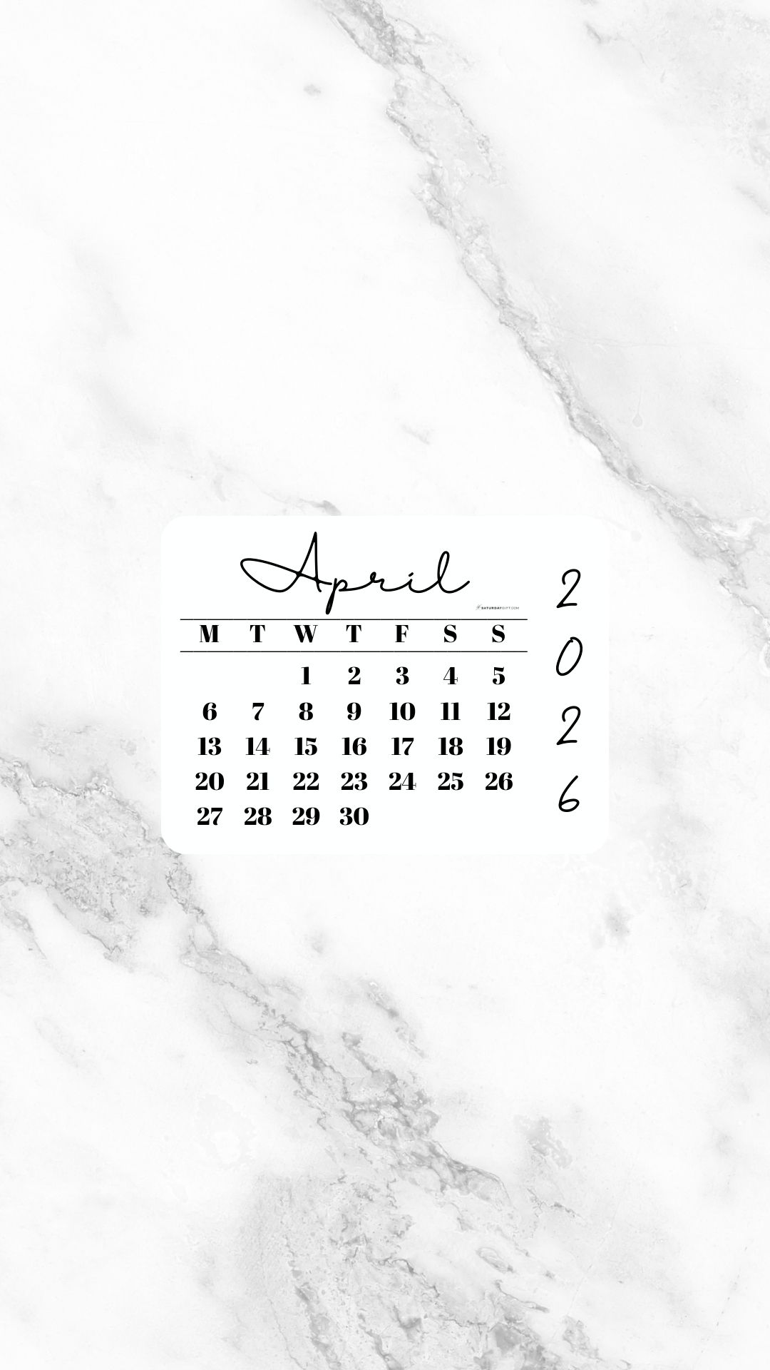 April 2026 Phone Wallpaper Background - White Marble | SaturdayGift