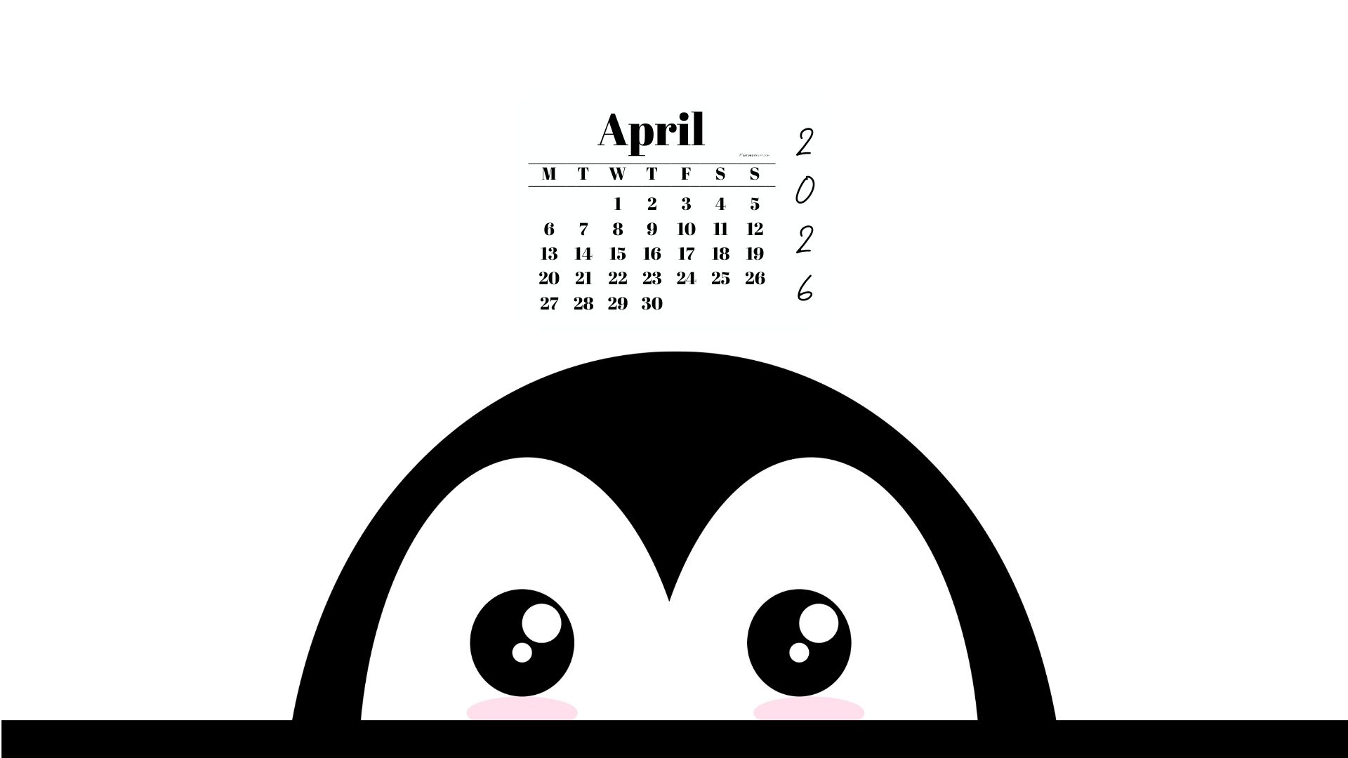 April 2026 Wallpaper for Desktop - Shy Penguin | SaturdayGift