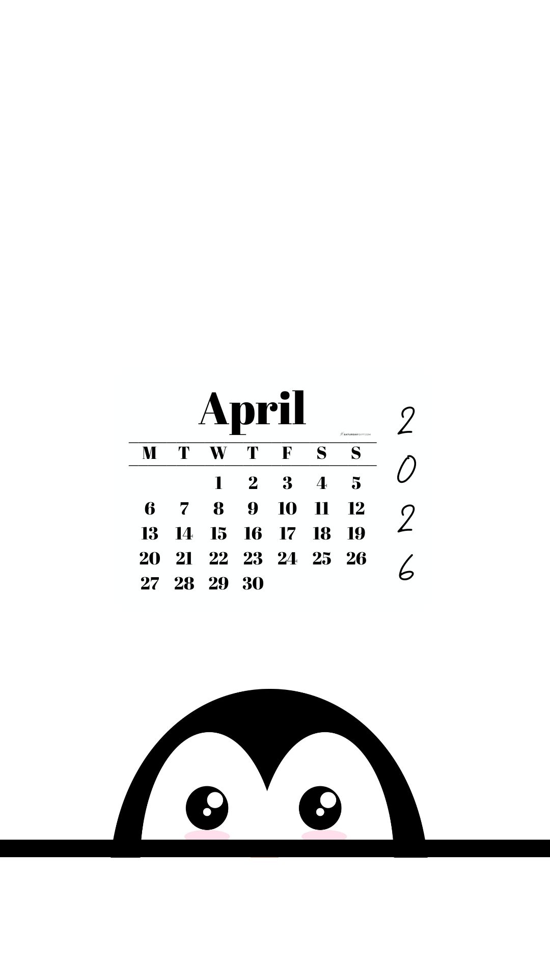 April 2026 Wallpaper for Phone - Shy Penguin | SaturdayGift
