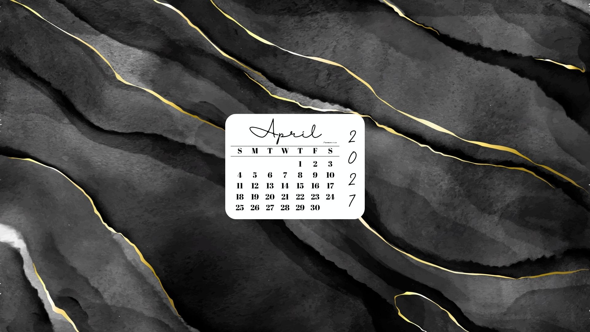 April 2027 Desktop Wallpaper Background - Black & Gold Watercolor | SaturdayGift