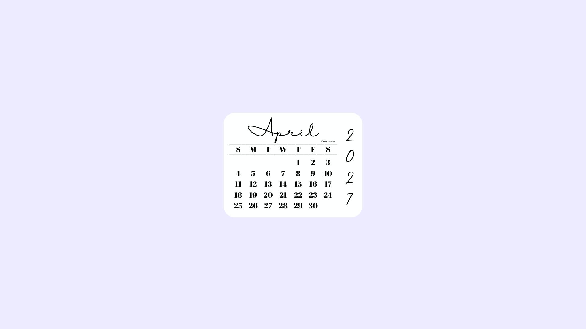 April 2027 Desktop Wallpaper Background - Simple Lilac | SaturdayGift