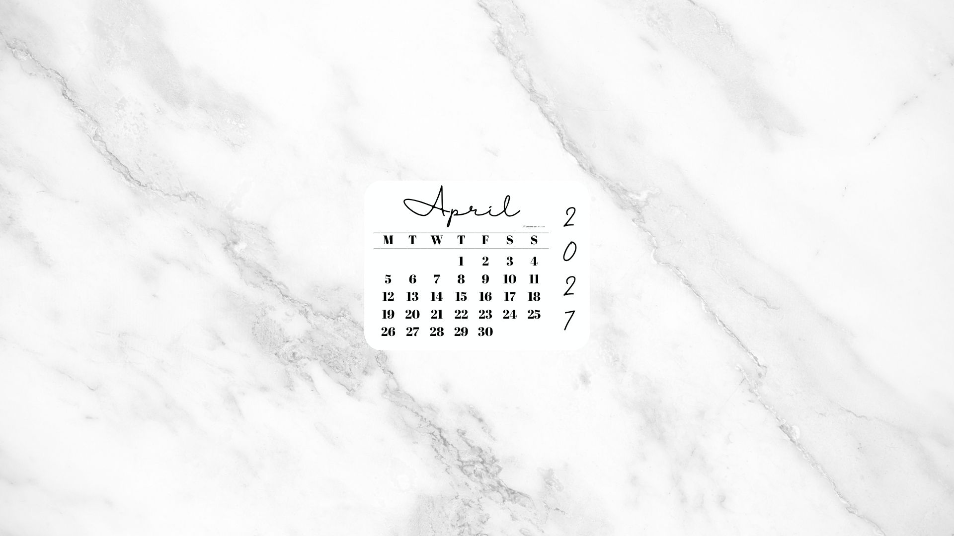 April 2027 Desktop Wallpaper Background - White Marble | SaturdayGift