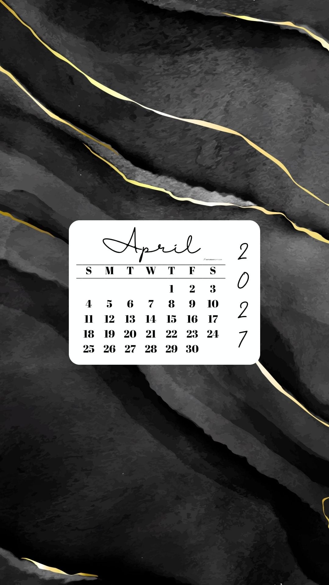 April 2027 Phone Wallpaper Background - Black & Gold Watercolor | SaturdayGift
