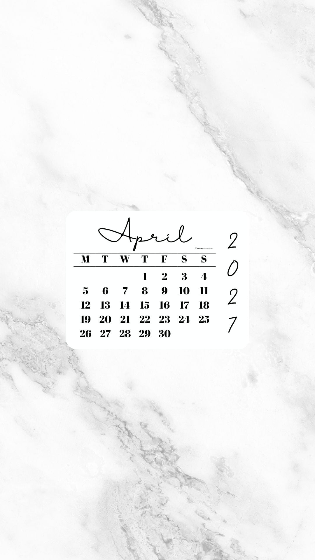 April 2027 Phone Wallpaper Background - White Marble | SaturdayGift