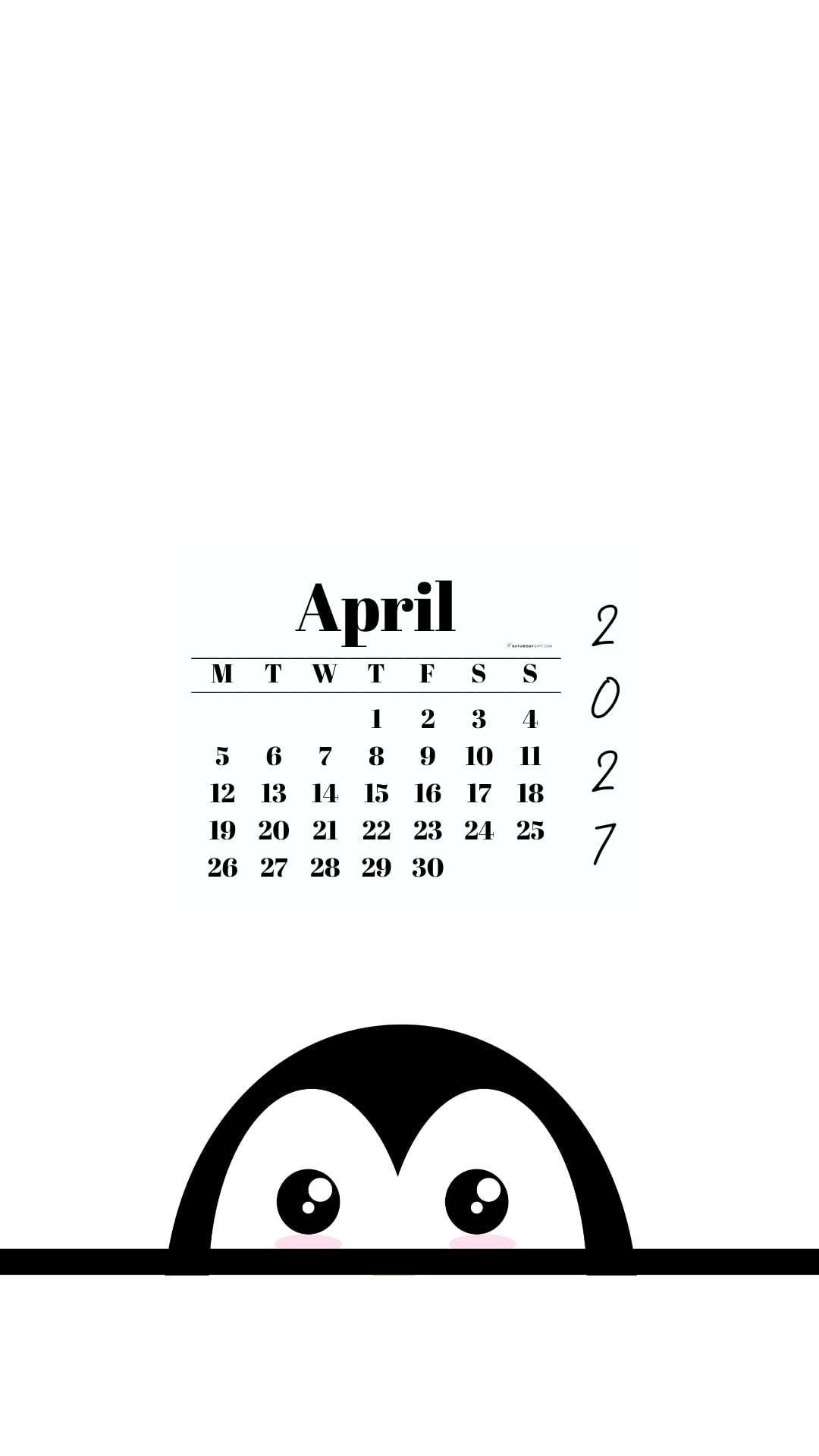 April 2027 Wallpaper for Phone - Shy Penguin | SaturdayGift