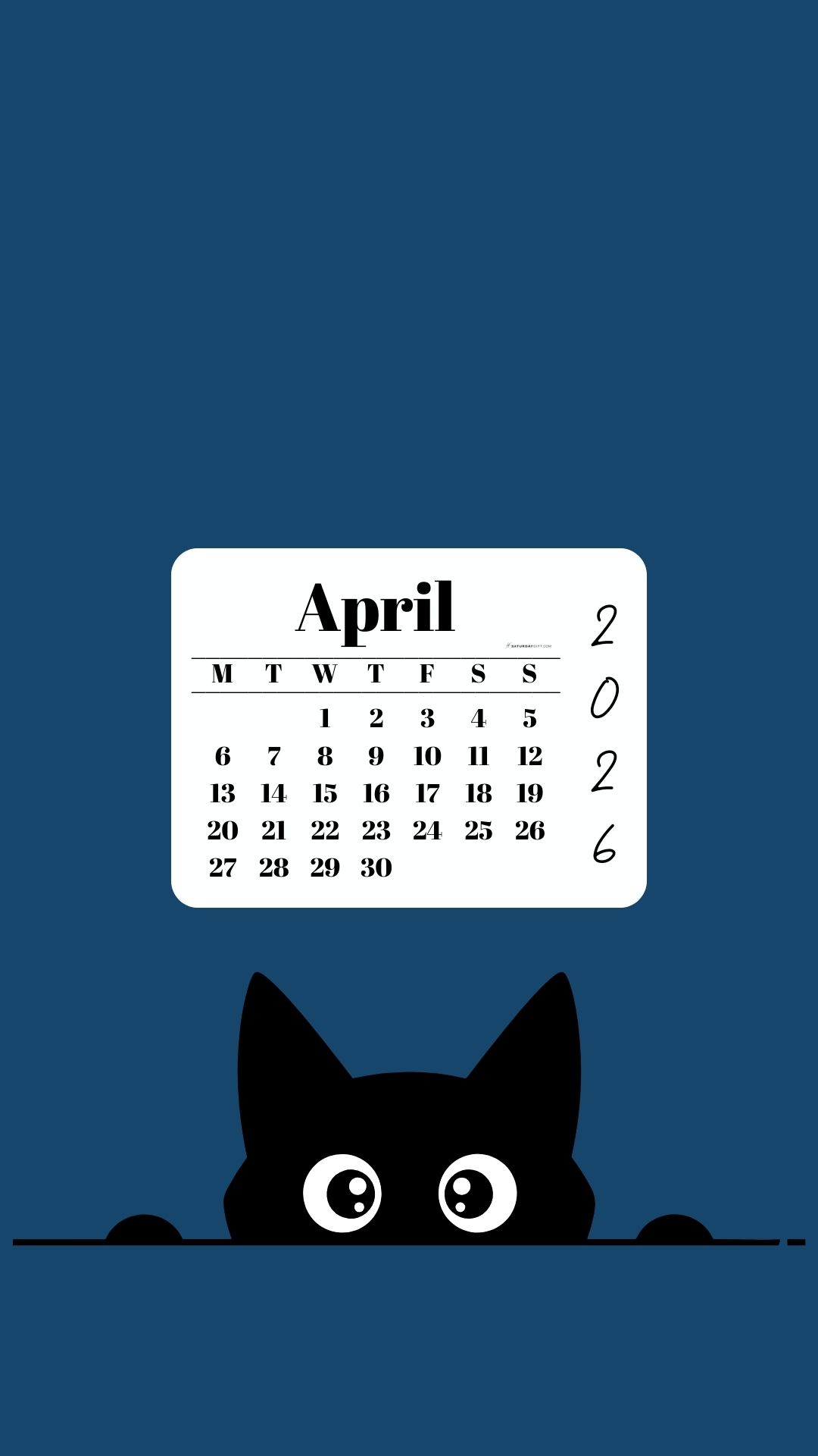 April Calendar 2026 Phone Background - Shy Cat Blue | SaturdayGift