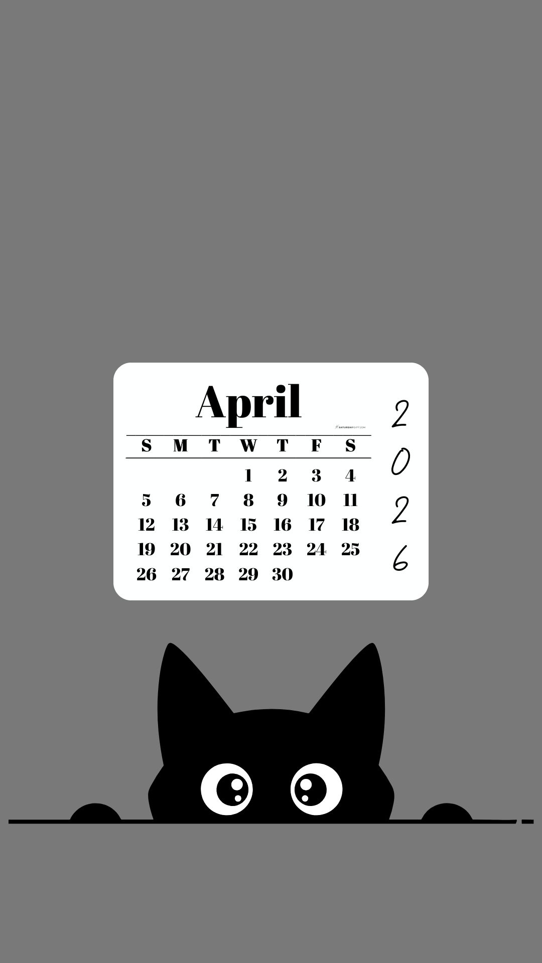 April Calendar 2026 Phone Background - Shy Cat Grey | SaturdayGift