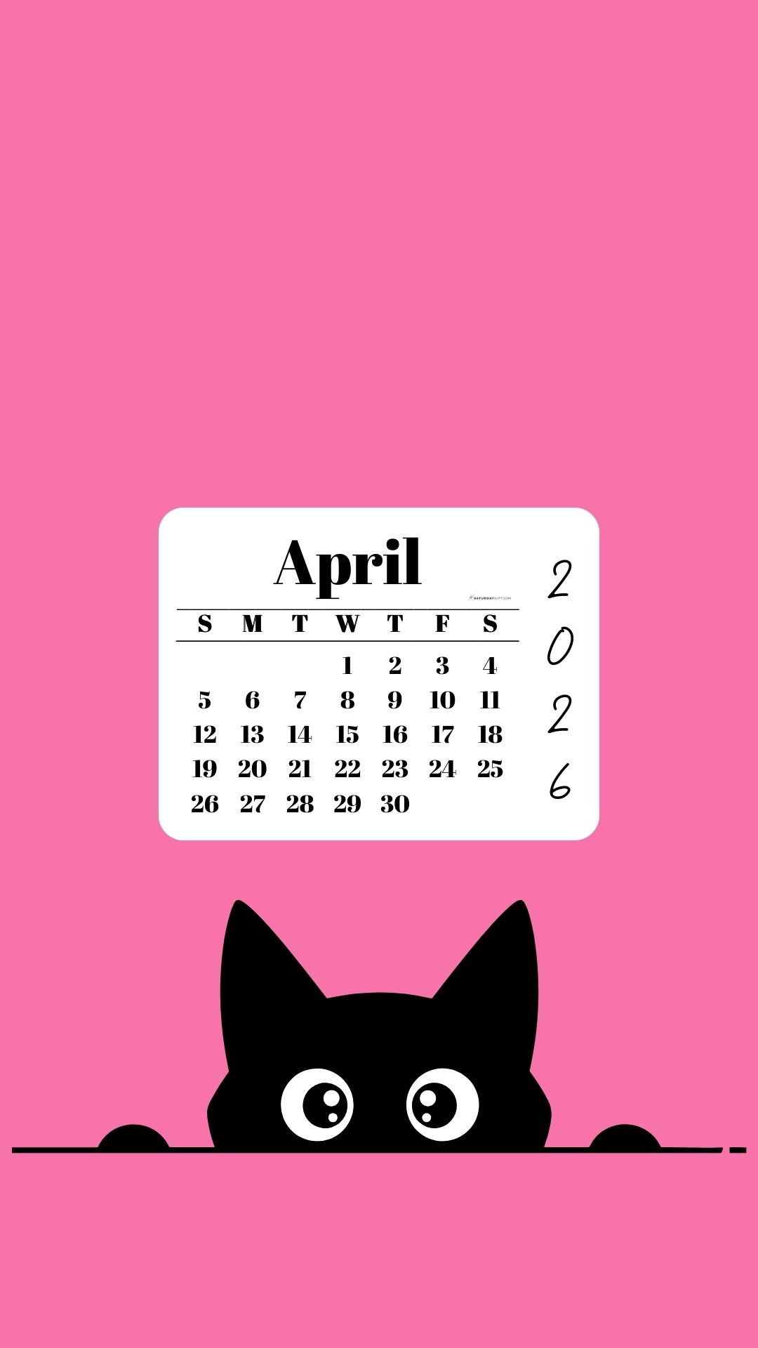 April Calendar 2026 Phone Background - Shy Cat Pink | SaturdayGift