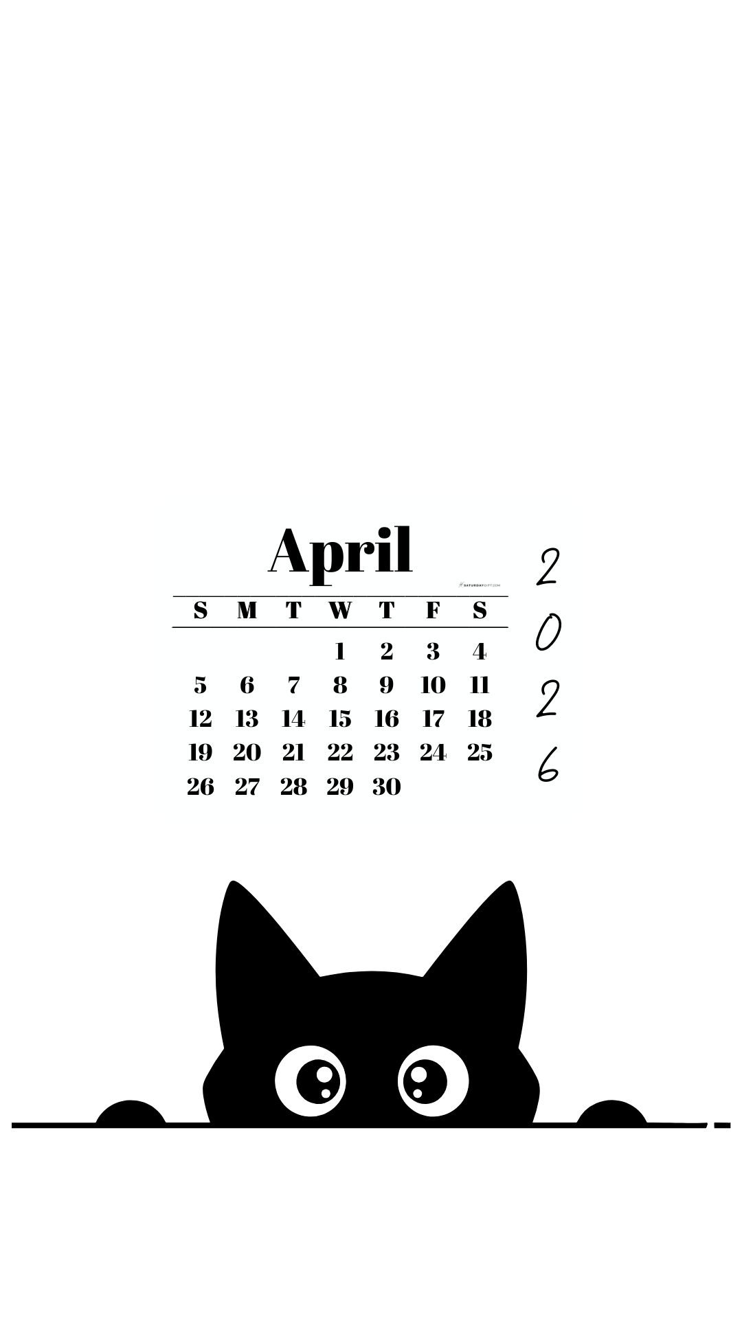 April Calendar 2026 Phone Background - Shy Cat White | SaturdayGift