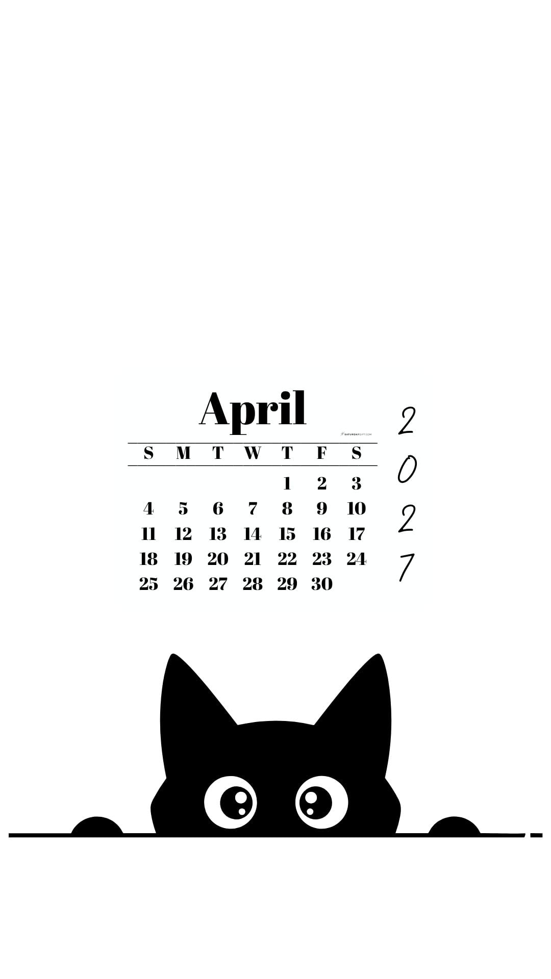 April Calendar Phone Background - Shy Cat White | SaturdayGift