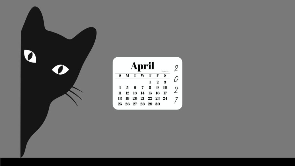 April Desktop Wallpaper 2027 - Black Cat Grey Background | SaturdayGift