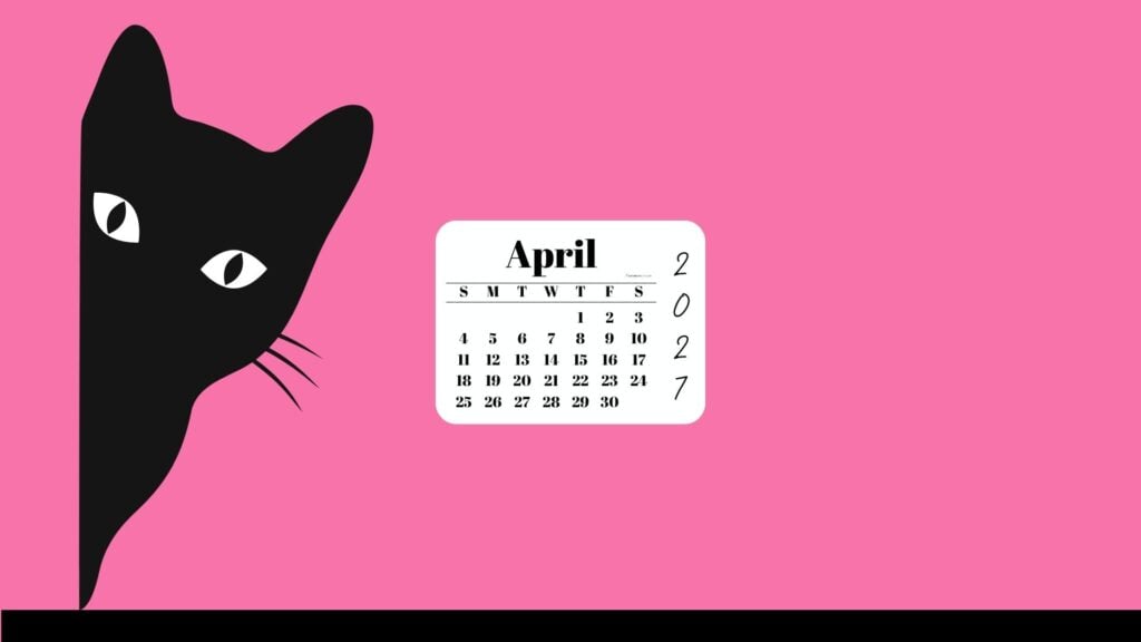 April Desktop Wallpaper 2027 - Black Cat Pink Background | SaturdayGift