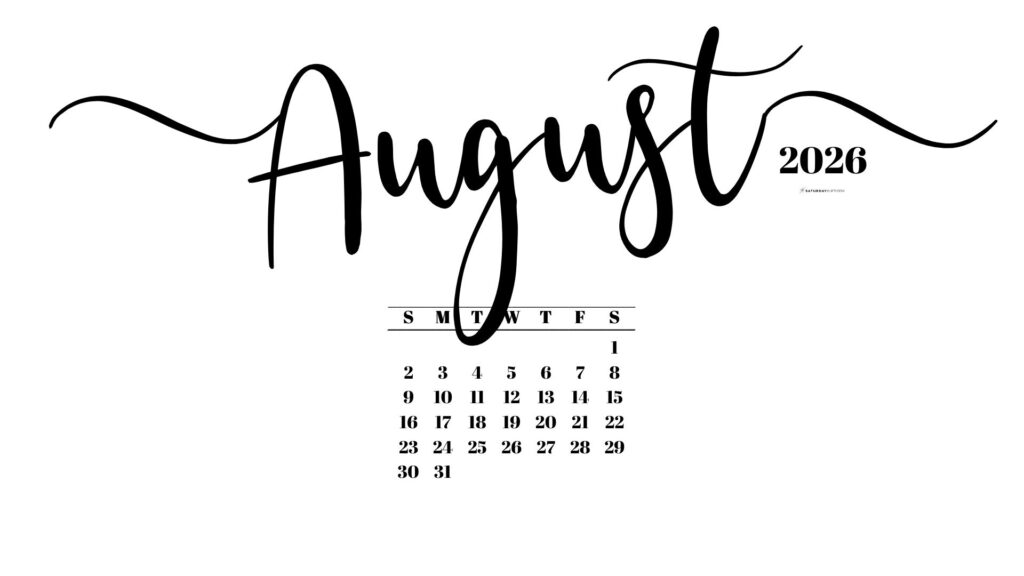 August 2026 Desktop Background Wallpaper - White | SaturdayGift