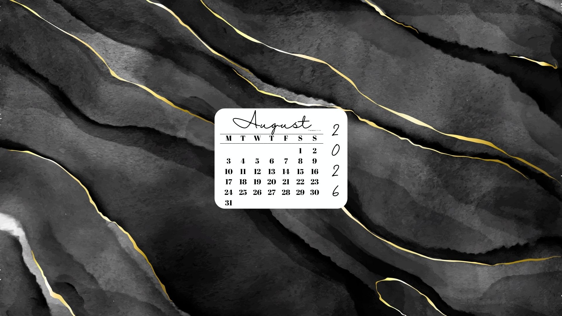 August 2026 Desktop Wallpaper Background - Black & Gold Watercolor | SaturdayGift