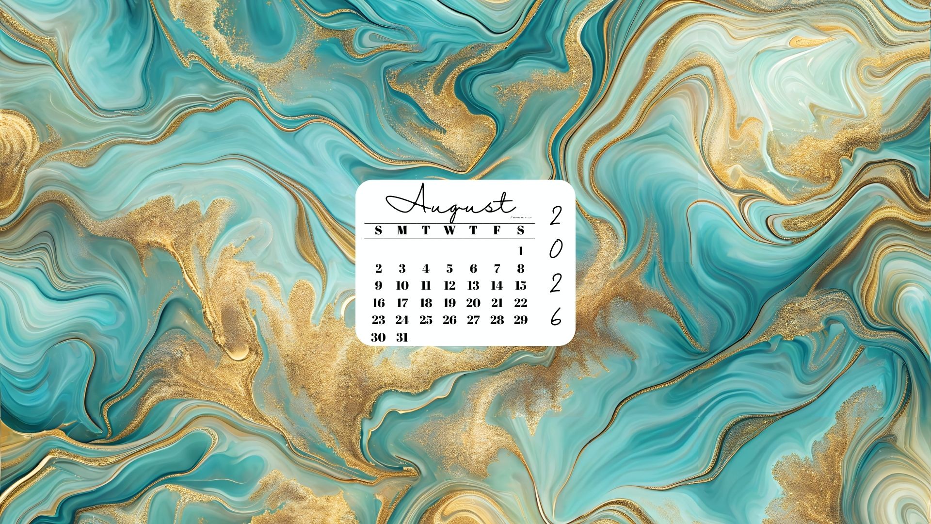 August 2026 Desktop Wallpaper Background - Gold & Turquoise | SaturdayGift