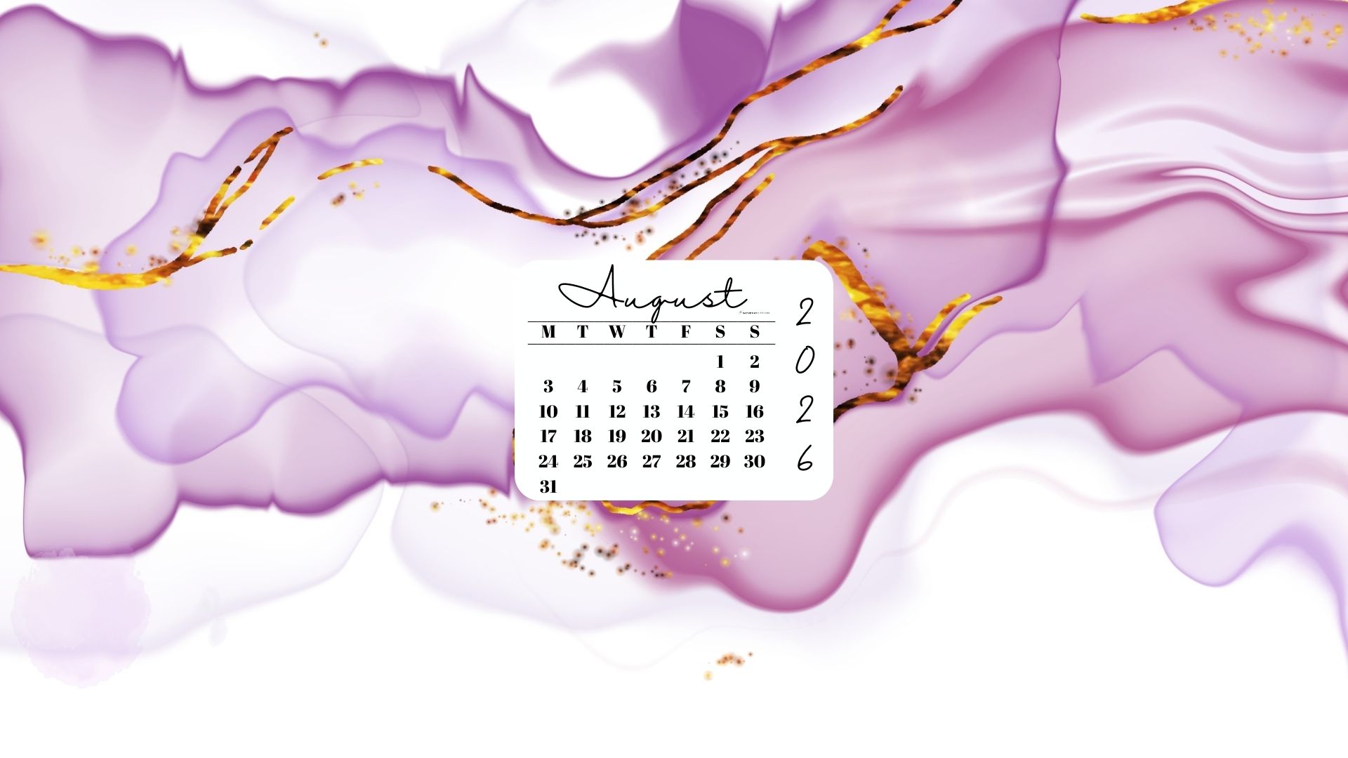 August 2026 Desktop Wallpaper Background - Lilac & Gold | SaturdayGift
