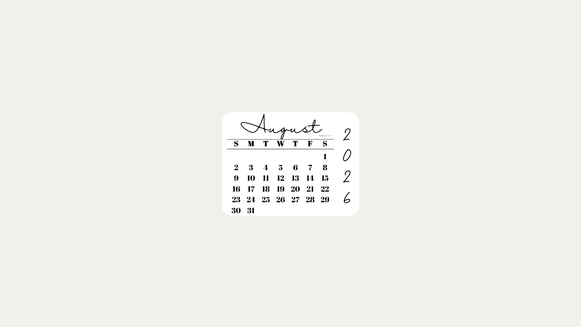 August 2026 Desktop Wallpaper Background - Minimal Beige | SaturdayGift