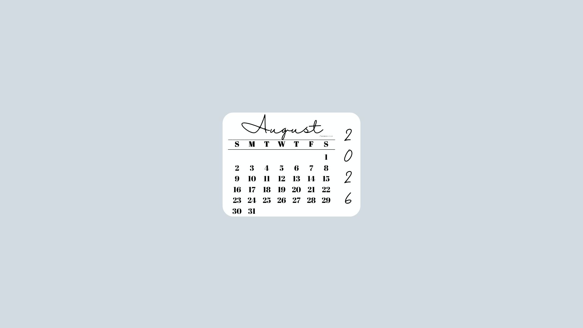 August 2026 Desktop Wallpaper Background - Minimal Grey | SaturdayGift