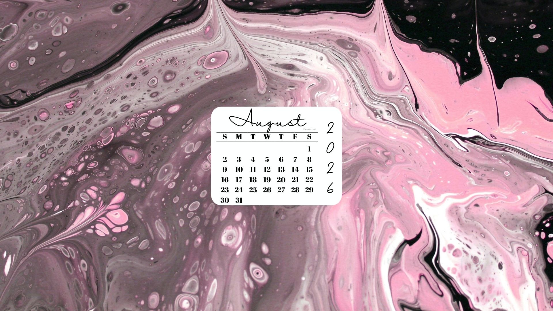 August 2026 Desktop Wallpaper Background - Pink & Black | SaturdayGift