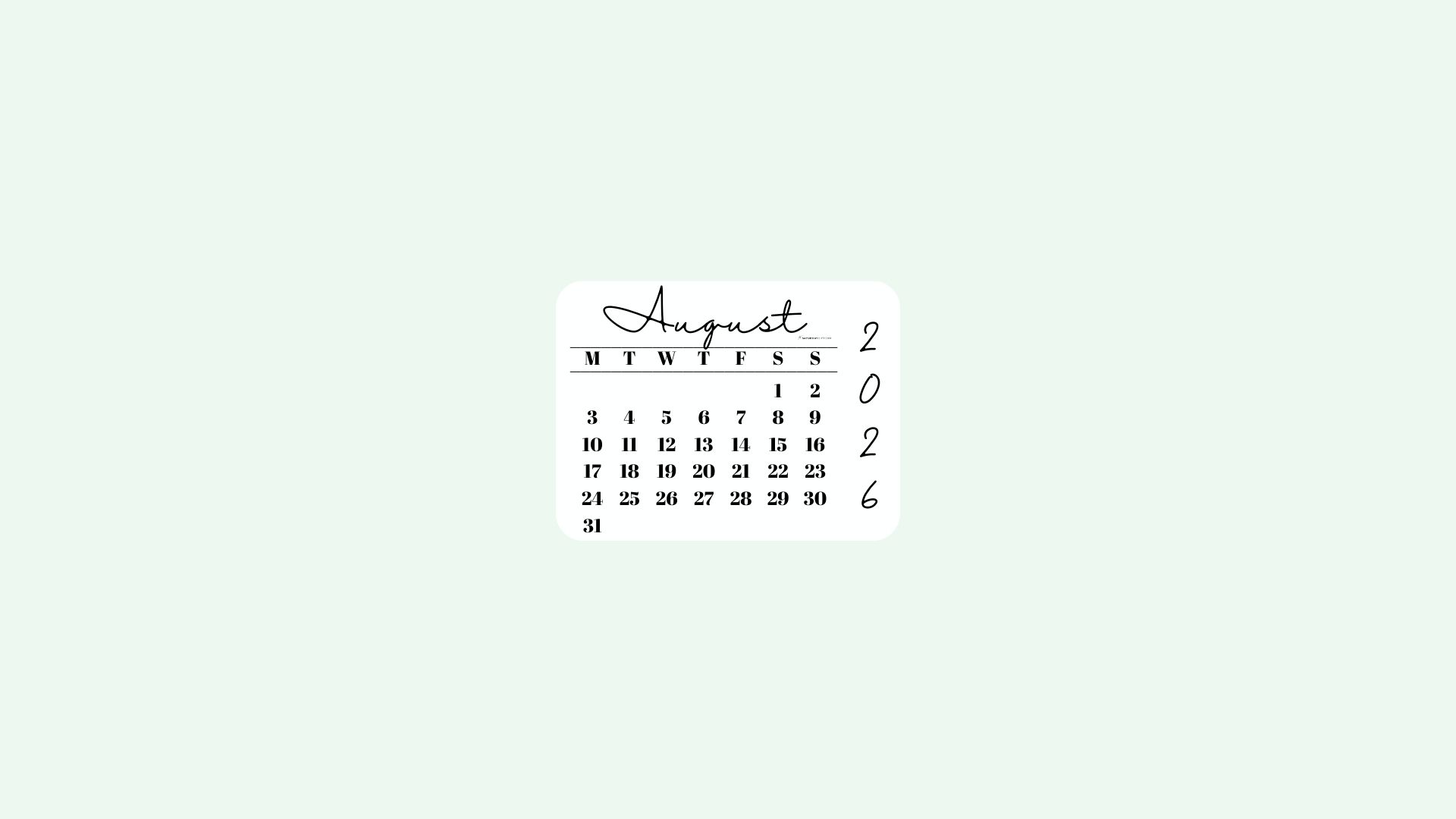 August 2026 Desktop Wallpaper Background - Simple Green | SaturdayGift