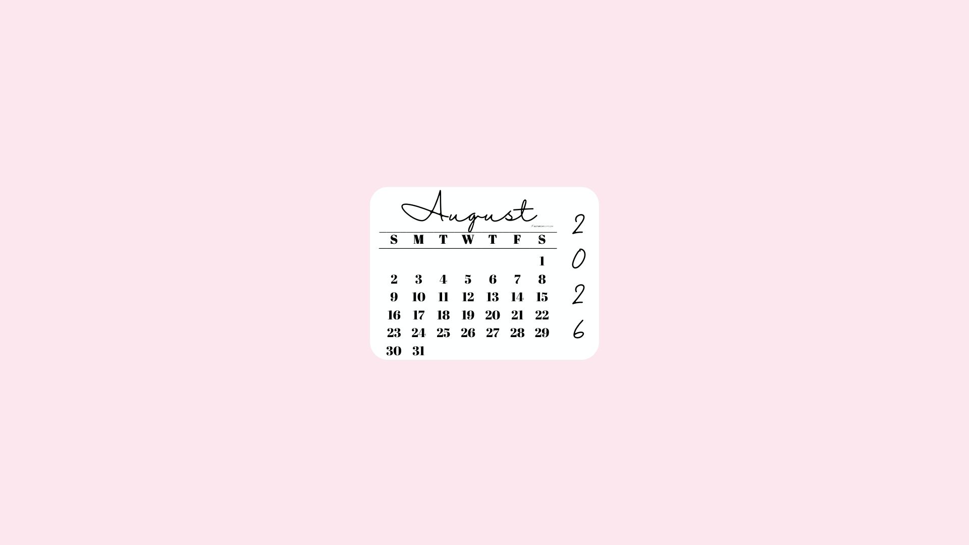 August 2026 Desktop Wallpaper Background - Simple Pink | SaturdayGift